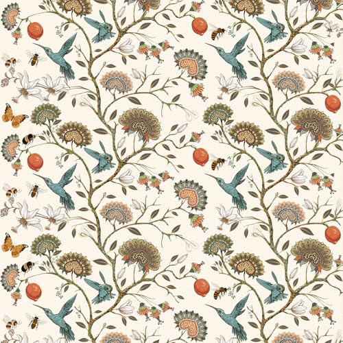Carta da Parati con Fiori e Uccelli, 44 x 600 cm Carta da Parati Beige Fiori Blu Uccelli Api Albero Jungle Colibrì Foresta Parato Adesivo Pellicola Adesiva per Mobili,Camera da Letto,Soggiorno,Bagno