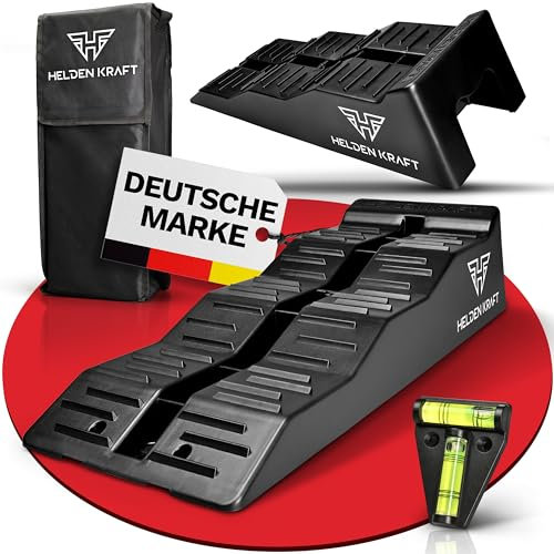 HELDENKRAFT® Auffahrkeile für Wohnmobil [2x Keile inkl. Zubehör] - 3-stufige Ausgleichskeile [bis 10cm] mit Anti-Rutsch-Rillen für Camper, Wohnwagen oder Caravan [bis 13,5 t] - mit Wasserwaage