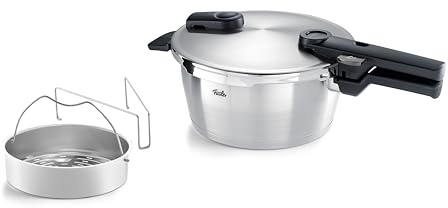 Fissler Vitaquick Grande Pentola a Pressione Grande da 3.5 L, con Diametro da 22 cm, Inserto, Pentola a Vapore in Acciaio Inox, 2 Livelli di Cottura, Prodotto in Germania per Piani Cottura a Induzione