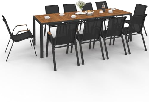 IDMarket - Salon de Jardin NOUMEA Table 240 cm Plateau Verre trempé Effet Bois et 10 chaises empilables Noir et Bois