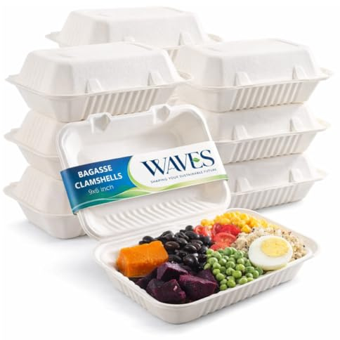 9 x 6 Inch Clamshell Takeaway Food Containers Biodegradable Bagasse Meal Box Eco-Friendly, Compostable & Microwave Safe Ideal for Hot & Cold Food Pack of 25, 50, 100, 200 (200)