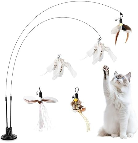 Wisebom Juguete Pluma de Gato Caña de Pescar Juguete con Ventosa Juguete de Cazador de Gatos Interactivo, 2 PCS Varita, 2 PCS Plumas con Campana, 3 PCS Insecto Volador para Ejercitar Gatos y Gatitos