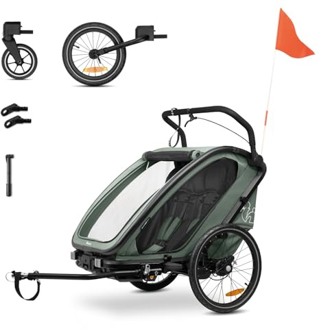 hauck Bike N Walk Duo Set Completo 3 en 1 Remolque Bicicleta 2 Niños - Silla de Paseo Doble Plegable Desde 6 Meses hasta 22 kg o 120 cm - Suspensión - Freno de Mano - Maletero - Dark Green