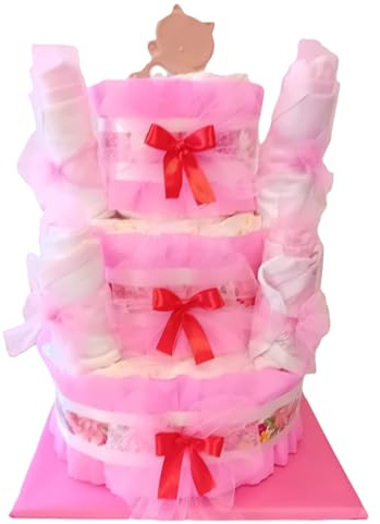 Torta di pannolini a 3 piani con 4 body in cotone e animaletto massaggiagengive.