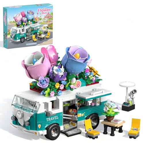 TYCOLE Botanicals Wohnmobil Bauset, 862 Teile City Abenteuer Wohnwagen Spielzeugauto mit Blumen, Kreatives Geschenk für Kinder Jungen Mädchen 6 Jahre