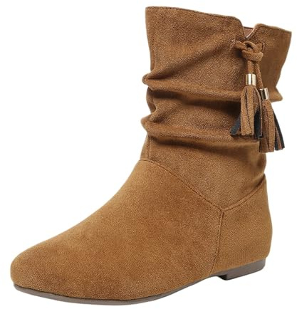 Generisch Botines de invierno para mujer, botines de ante con flecos, tacón bajo, punta cerrada, para uso diario en invierno con vaqueros, marrón, 41 EU