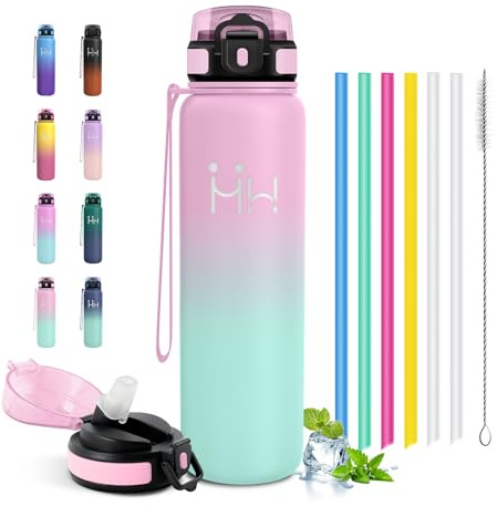 Borraccia Acciaio Inox 1L, Bottiglia Acqua con Cannuccia, Riutilizzabile, a Prova di Perdite, senza BPA, per Running, Uscita
