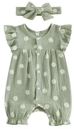 JCOPLY Newborn Girls Summer Outfits Daisy Print Ruffled Trim Sleeveless Button up Bodysuits with Bow Headband Baby Knitted Rompers Infant Jumpsuit 2Pcs (Green, 3-6 Months)