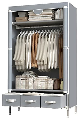 ASSICA Portable Clothes Closet Rolling Door Wardrobe with Hanging Rack Non-Woven Fabric Storage Organizer with Three Drawer Boxes No-Tool Assembly - 35.4 x 17.7 x 67.0 ‘’ (Gray)
