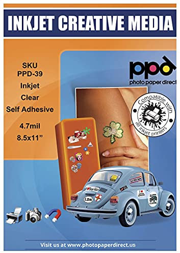 PPD 50 ark transparent självhäftande papper för bläckstråleskrivare, 21,6 x 27,9 cm, omedelbar torkning, reptålig och rivbeständig (PPD-39-50)