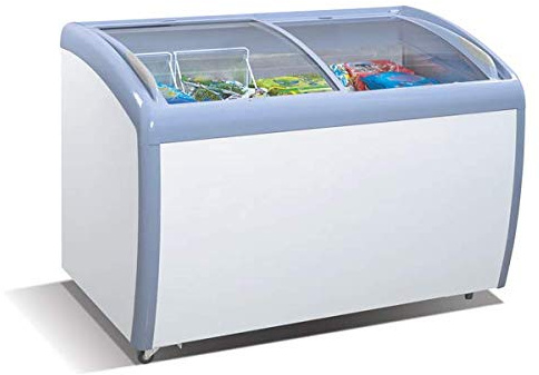 Tiger Chef Commercial Angle Curved Top Chest Freezer Glass Top, Deep Ice Cream Freezer with 2 Wire Baskets, Adjustable Thermostat, Locking Coasters, 9 Cubic Feet, White