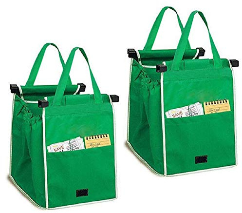 Helishy 2Pack Reusable Shopping Trolley Bags Grab and Go Bag Collapsible Grocery Tote Bags with Handles, Clip on Shopping Cart As Seen On TV