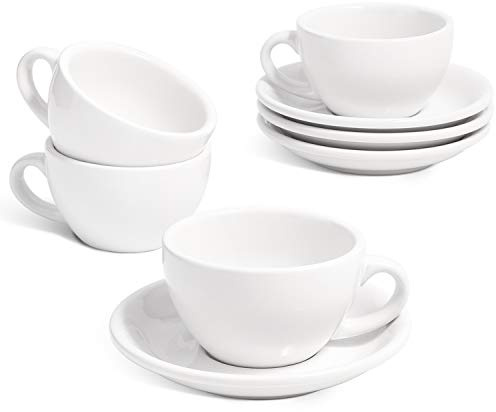 LE TAUCI 6 oz Cappuccino Cups with Saucers, Set of 4 Ceramic Coffee Cup and Saucer Set for Latte, Au Lait, Flat White, Mocha, Tea, Embossed Coffee Cups, White