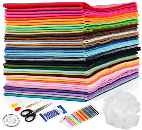 40 Farben Filzstoff Super Weich 20 x 30 cm Bastelfilz mit 7pcs Nähzubehör und 50g Füllmaterial,1,2mm Bunt Vliesstoff Filz zum Basteln von Polyester für Filzuntersetzer Basteln Nähen Patchwor