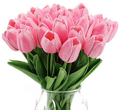 IPOPU Pink Tulips Artificial Flowers 24PCS Real Touch Tulips Flowers Fake Pink Tulips Faux Flowers for Home Decoration Wedding Bouquet Party Baby Shower Centerpieces Bridal Bouquet Decor