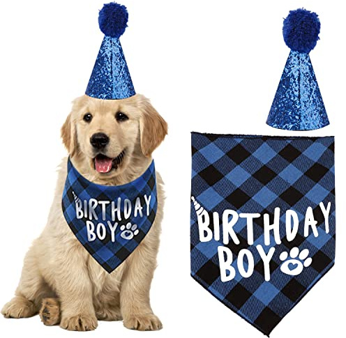 Kuou Cute Boy Dog & Cat Birthday Outfit - Blue Bandana for Pets Party Decoration