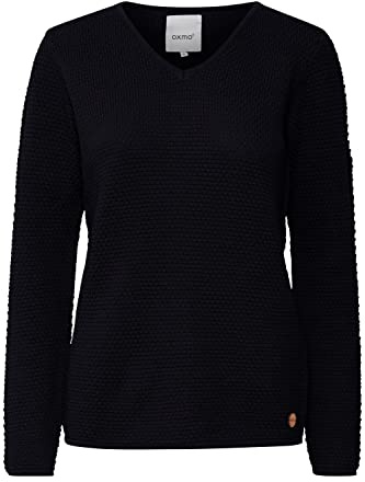 OXMO OXHanna Damen Strickpullover Feinstrick Pullover mit V-Ausschnitt 100% Baumwolle Regular fit, Größe:S, Farbe:Black (194007)