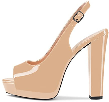 Castamere Donna Chunky Blocco Alto High Piattaforma Tacco Heel Aperte sulla Punta Sandali Slingback da Matrimonio Slip-on Pumps Clear Cute Dress Scarpe Beige Verniciata 35 EU