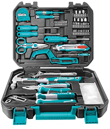 TOTAL - Mallette à Outils 130 Pièces | Kit de Réparation Complet | Pince Électricien, Marteau de Charpentier | Boîte à Embout, Multicolore