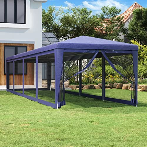 HOMIUSE Tente de fête en PEHD - 3 x 12 m - Tonnelle pliable - Tonnelle de jardin - Tonnelle de jardin - Grande tente pliante - Pour barbecue - Avec 10 parois latérales en maille - Bleu