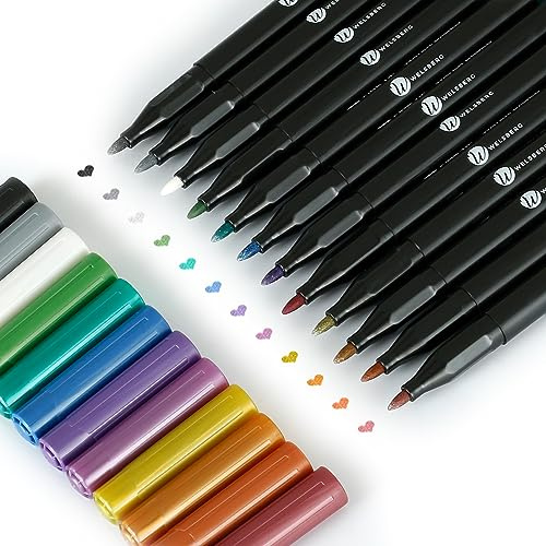 Welsberg 12 färger metalliska markörpennor med 1-2 mm spets, permanent metallisk märkpenna tuschpenna för scrapbooking, stenar, kort, fotoalbum, metall, trä, keramik