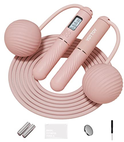 YOTTOY Cordless Jump Rope with Counter - Ropeless Jump Rope 2 In 1 with Large Cordless Ball-Weighted for Women with LCD Display (Pink)