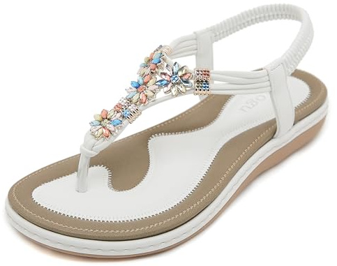 FOGOIN Sandales Femme Plage Tong Bohème Chaussures Plate Été | Elégante, Sandalette Nu-Pieds, Tongs De Plage, Légères, Semelle Antidérapante
