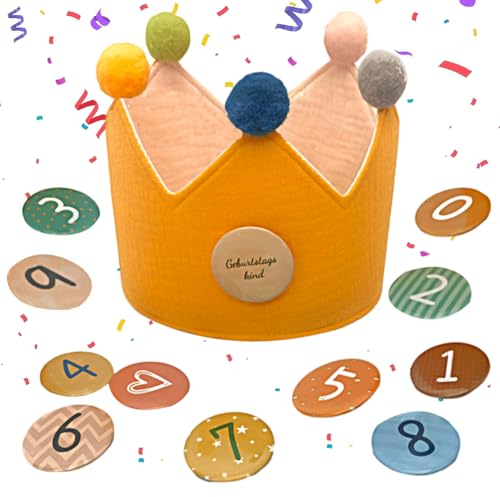 Corona di compleanno in mussola, cappello di compleanno per bambini, mussola con numeri, cappello da festa a corona, numeri da 0 a 9