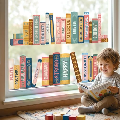 DECOWALL Boho Books Double-Sided Reusable Window Cling Stickers (CDS9-9006) | Colourful book prints and positive words; removable static décor for libraries, reading corners, studies and home offices