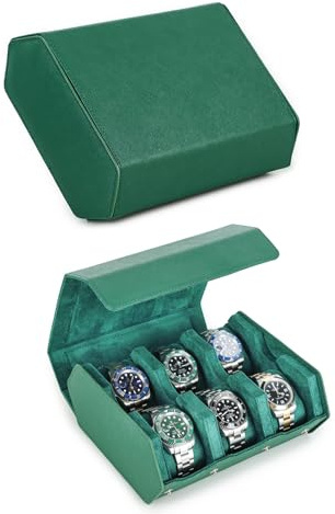 Hiram Hexagon Watch Case Genuine Saffiano Leather Watch Box for 6 Watches, Leather 6-Slot Watches Protective Storage Case Watch Display Organizer for Men (Green)