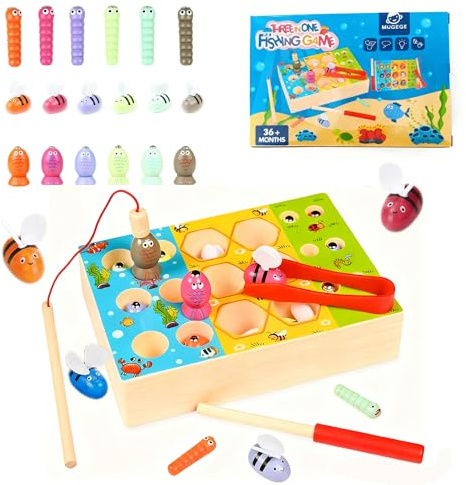 Cylora Juguetes Montessori 2 Años, Juego Pescar Peces Magnético en Madera 3-en-1, Juego de Pescar para Niños, Juegos Magnetico, Juguetes Madera Bebe, Regalos Educativos para Niños de 2 3 4 5 Años