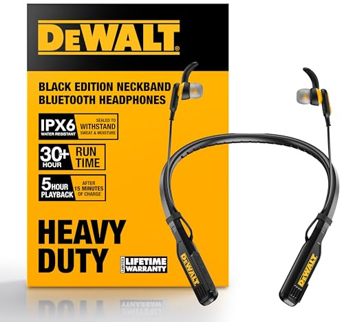 DEWALT Cuffie Bluetooth Heavy Duty con Nackenband, Auricolari Wireless da Collo con 30 Ore di Riproduzione, Isolamento Rumore, Magnetiche, Microfono Integrato, Ideali per Jobsite