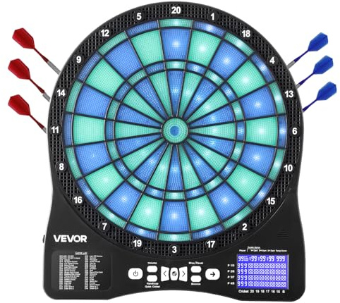 VEVOR Cible de fléchettes électronique pour 8 Joueurs, Planche à fléchettes éclairée par LED avec 48 Jeux et Plus de 500 Variantes, 6 tiges de fléchette avec ailettes et 50 Pointes Souples, écran LCD