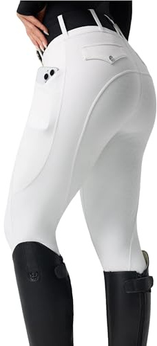FitsT4 Sports Pantalones de equitación para mujer de asiento completo con cintura alta, pantalones ecuestres con bolsillos, Blanco, X-Small
