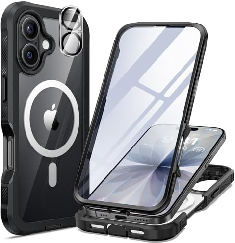 seacosmo Cover Magnetica per iPhone 17, Custodia Rugged 360° Antiurto, Vetro Temperato 9H Integrato per Schermo, Protezione Fotocamera HD, Case Fronte e Retro, Nero