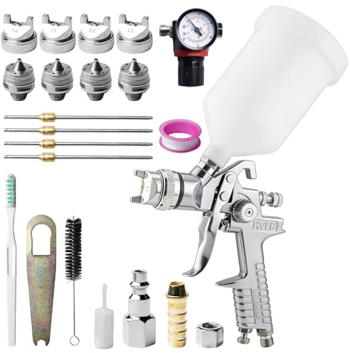 HVLP Lackeringspistol sprutpistol med 4 munstycken 1,4 mm 1,7 mm 2,0 mm 2,5 mm, professionellt färgsprutsystem spraypistol lackeringspistol tryckluft, färgsprutpistol med 600 ml plastmuggar och