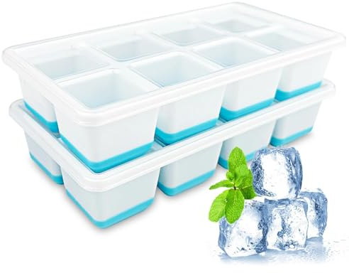 Ravytha 2 Piezas Cubiteras para Hielo con Tapa, Cubitera Grande para Hielo sin BPA, Moldes de Cubitos de Hielo Ice Cube Tray, Molde Bandeja Cubo, para Cócteles, Whisky, Alimentos para Bebé, (Azul)