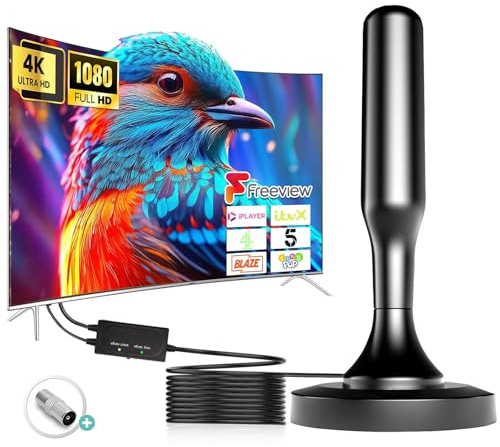 Indoor TV Aerial with Strong Signal Booster - Portable TV Ariels Indoor for Freeview HD, Smart TVs 4K 1080P, DVB-T2 Digital Antenna with Magnetic Base & 16.4ft Coaxial Cable (stick-shaped)