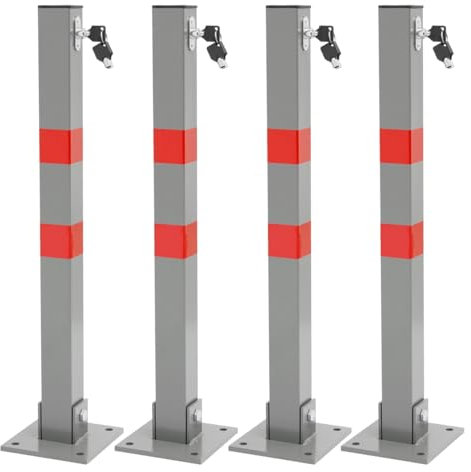 ECD Germany 4 x Poteau de Parking Carré Rabattable - Hauteur 70 cm - 3 Clés - en Acier - Barrière Borne de Stationnement Repliable - Matériel de Fixation Inclus - Bandes d'Avertissement Rouges