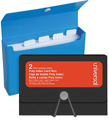 Universal UNV47304 3 in. x 1.33 in. x 5 in. Poly Index Card Box - Black/Blue (2/Pack)