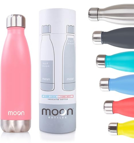 Moon Bottles - Insulated Water Bottle that Lasts Forever - 18/8 Stainless Steel Vacuum Flask - Double Walled Drink Bottle - Thermal Metal Flasks, Leakproof, 24hrs Cold & 12 Hot (500ml, Soft Pink)