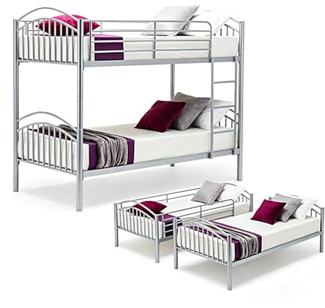 Panana Metal 2-Storey Single Bunk Bed, 2 x 3FT Children's Room Furniture Double Sleepers - No Mattress Included (Silver)