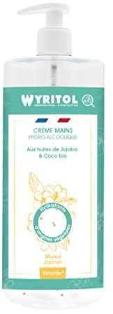 WYRITOL - Crème Hydroalcoolique Désinfectante pour les Mains - Bactéricide et virucide - Formule naturelle à base d'huiles végétales- Parfum Monoï/Jasmin - 500ml - Fabrication française