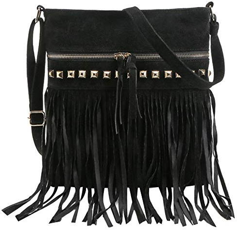 MEGAUK Umhängetasche mit Fransen Nieten Damen Schultertasche Fransentasche aus Kunstwildleder Schwarz