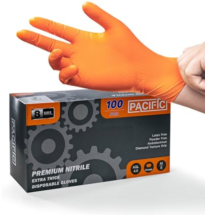 PACIFIC 8-mil Guanti Monouso In Nitrile Arancione, con Finitura Diamantata, Heavy-Duty, Extra Resistenti, per Industriali, Meccanici, Senza Lattice, Senza Polvere, EN 374, M/8