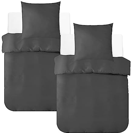 MR&HM Bettwäsche 135x200 4-teilig Baumwolle - Bettbezug-Set aus 100% Baumwolle in der Größe 135x200x2 Plus Zwei Kissenbezüge in 80x80 mit Reißverschluss, komfortable Bettwäsche, Anthrazit