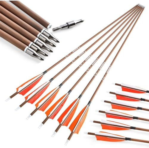 AMEYXGS 6/12x Flèches en Carbone Tir à l'arc 31pouces Flèches de Chasse 340/400/500/600 Spine avec Plumes de Dinde 4 pour Arc Recourbé Arc Compound Entraînement à la Cible (12, Orange, Spine 600)