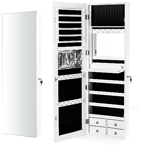 Multigot LED Lights Jewelry Cabinet, 2-In-1 Wall-mounted/Door Hanging Makeup Storage Armoire with Full Length Mirror, Lockable Mirrored Jewelry Organizer for Bedroom Dressing Room (White)