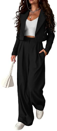 KIRUNDO Blazer Sets Women 2 Piece Outfits Casual Cropped Blazer Jackets High Waist Wide Leg Pant Suits Dressy Office Clothes(Black, X-Large)