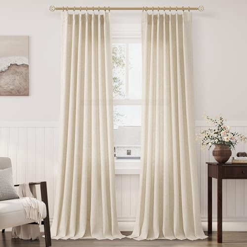 Cortinas plisadas de lino beige de 96 pulgadas de largo para sala de estar, cortinas plisadas semitransparentes con ganchos para sistema de riel transversal, cortinas de ventana para dormitorio,
